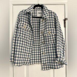 Zara Blue and Cream Houndstooth Blazer